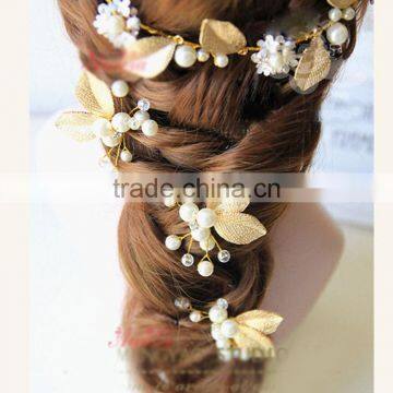 Pearl Tiara Vintage Headdress Gold Leaves Bridal Hair Jewelry Gift Wedding Dress Accessories Set