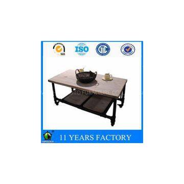 Modern Industrial Reclaimed Rectangular Metal Pipe Wooden Storage Coffee Table With Wheels