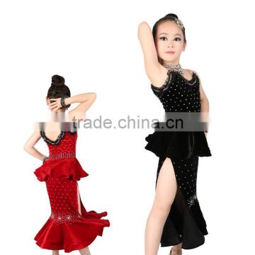 2017 Velvet Girls Child Latin Dance Costumes Black Red Fishtail Dance Dress For Kids