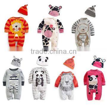 2pcs autumn cartoon animal pattern long sleeve baby romper with hat