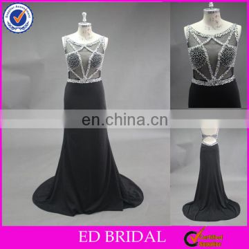 Sexy See Through Bodice Crsytal Beaded Jersey Black Real Sample Long Evening Dress 2017