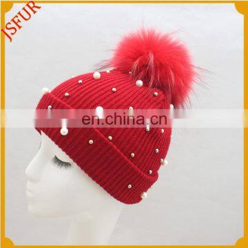 2017 Best Knitted Red Beanie Hat with raccoon fur ball