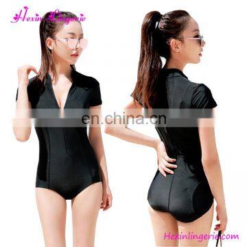 European Black Front Zipper Swimwear Sexy One Piece Bathing Suit