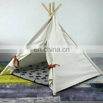 Pet Teepee Tent for Dogs Cats Portable Foldable Cotton Canvas Pets House Bed for Rabbit Puppy 4 Poles Pine Wooden With Floor Whi photo-3