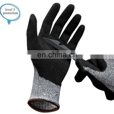 Durable Power Grip Sandy Nitrile Palm Coated HPPE Cut Protective Safety Work Slicer Gloves