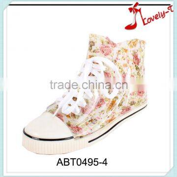 Flower print girls lace up rain boots flat ankle rain boots