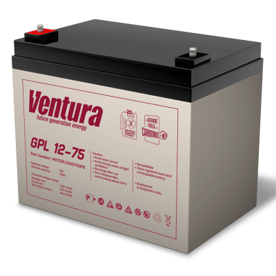 VENTURA GPL12-75 Lead Sealed Battery 12V75Ah M6 Bolt Road Transport, Sea Transport and Air Transport Certificate