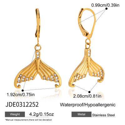 Gold Plated Stainless Steel Fan Shape Drop Earrings for Women CZ Stone Dangle Earrings Waterproof Hypoallergenic Jewelry Wholesale