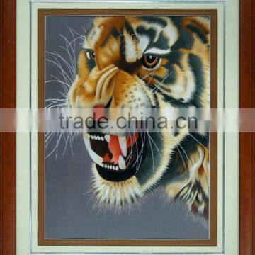 Framed decorative of 100% handmade embroidery on silk fabric in tiger