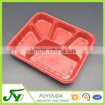 Disposable rectangular plastic food container with 5 dividers