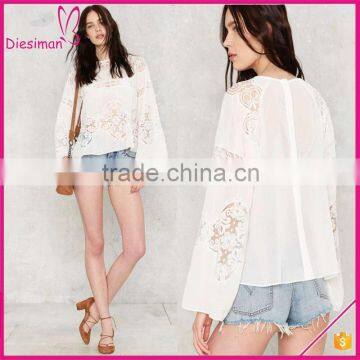 Fashion Wide Sleeve Sheer Chiffon Women Lace Blouse White