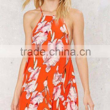 Thin shoulder straps square neckline flared mini dress floral print beach dress