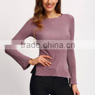 Ladies fitted polka dot flare sleeve side slit blouse