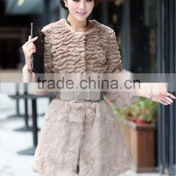 Long Women's 100% Real Rabbit Fur Coat With Fox Fur Cuff