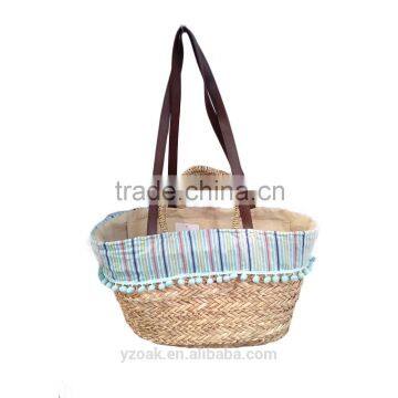 Shoulder stripe tassel ball ladies natural straw shopping bag