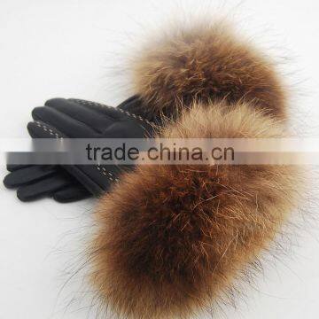 Womens Leather Gloves With Raccoon Fur Trim Black Genuine Sheep Leather With Lining