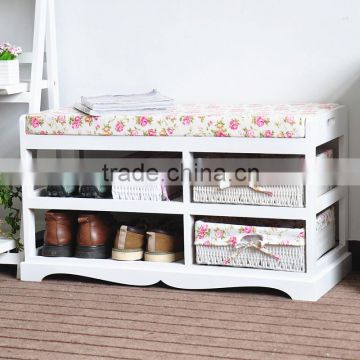 Wooden Bench Wooden Shoe Cabinet With Woven Baskets