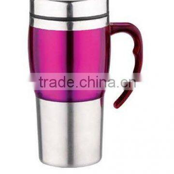 Double wall stainless steel and plastic tea mug with plastic handle