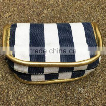 Blue Stripe Printing Cotton Canvas Zipper Pouch Make Up Clutch Bag With Gold Edge photo-4