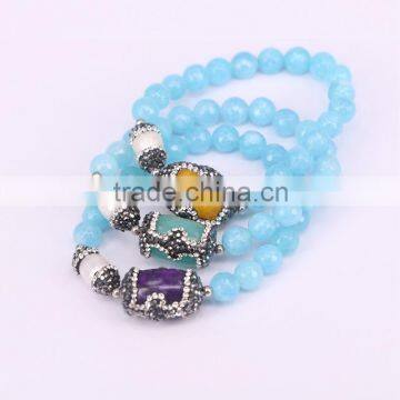 Round Facetd Stone Beaded Bracelets With Pave Crystal Nature Pearl And Mix Color Malaysian Jade Jewelry photo-2