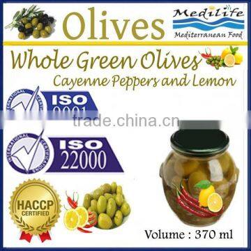 Green Olives With Cayenne Peppers and Lemon, High Quality 100% Tunisian Table Olives,Table Olives With Cayenne Peppers and Lemon