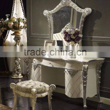 Silver and White Antique Vanity Dresser Table with Mirror, French Classic Dressing Table and Mirror