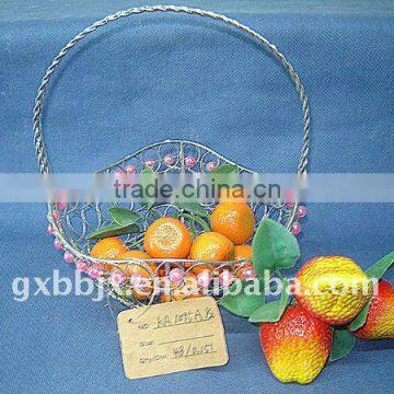 Silver round storage wire hanging basket frame decorative with red pearl