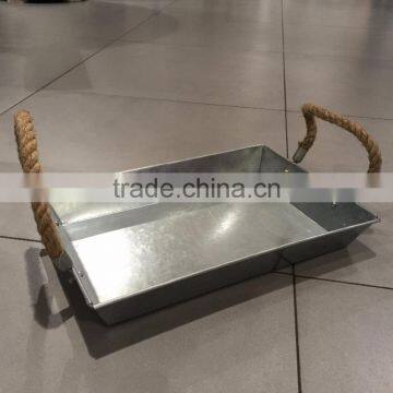 Rope Handle Antique Metal Serving Tray Rectangle Galvanized Serving Tray photo-2
