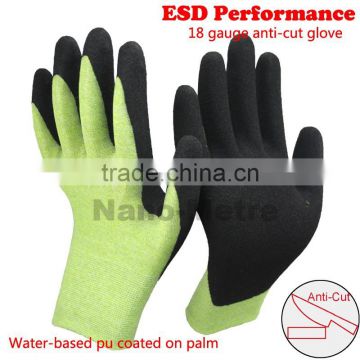 NMSAFETY 18 gauge new ESD glove sandy pu coated HPPE cut resistant glove