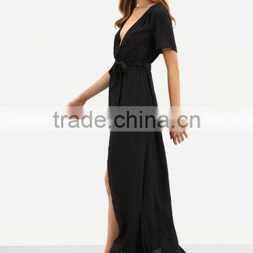Woman Short Sleeve Black V Neck Tie Waist Chiffon Maxi Wrap Type Maxi Dress photo-5