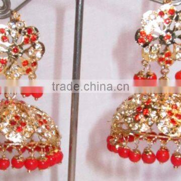 JADAU GOLD PLATED Dangler ORANGE BEADS JHUMKA TEMPLE EARRINGS Real Look photo-2