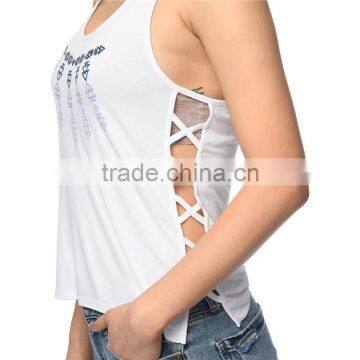 MGOO New Pattern U Neck Screen Print Women's Tank Top Criss-cross Sides Sexy Racer Back Crop Top photo-4
