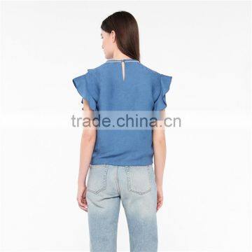 2017 OEM Slightly Ruffled Shoulders Beaded Neckline Blouse Tops photo-3
