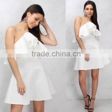 Halter Neck Women's Frill Skater Dress 2018 White Falbala Short Prom Dresses photo-4
