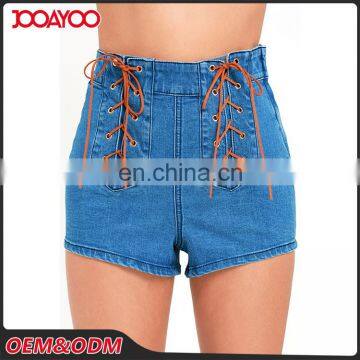 Wholesale Women Fashion Medium Wash High Waist Jean Pants Lace-up Summer Ladies Denim Shorts