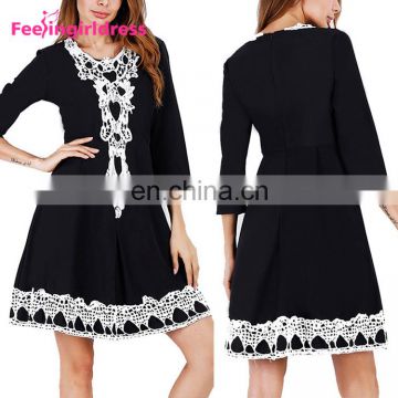 2017 Latest Design Black Soft Long Sleeve Women Casual Knee Length Dress