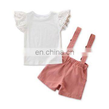 2020 Cool Kids Baby Girl Summer Outfits Clothes White Fly Sleeve Tops+Suspender Strap Shorts 2Pcs Sets 1-5Y