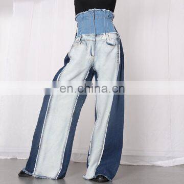 Denim Patchwork High Waist Pocket Hit Color Large Size Wide Leg Pants Female 2020 photo-2