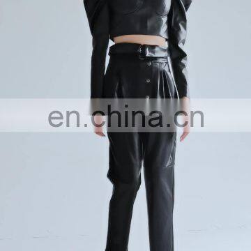 TWOTWINSTYLE Shirt For Female Puff Sleeve  Square Collar Long Sleeve Cropped Sexy PU Leather