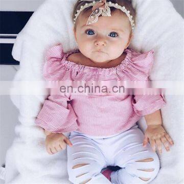 2019 Striped Print girls Long Flare Sleeve Romper Tops & baby White Hole Pants Outfits 2pcs set