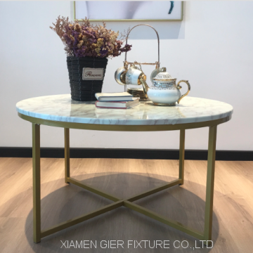 Gold Metal X-base Round Marble Top Coffee Tables photo-2