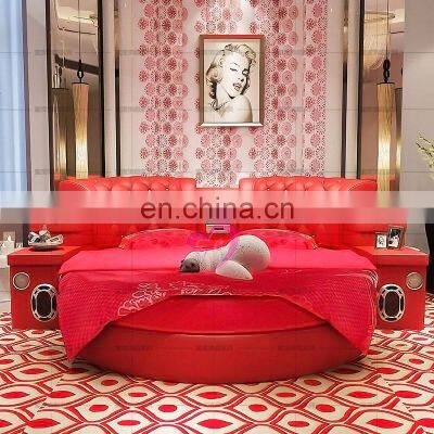 Red color big size bedroom furniture leather massage adult  frame with mattress round wedding bed