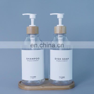 Modern design 2 pieces 500ML Plastic Soap and Lotion Dispenser Set with Bamboo Tray