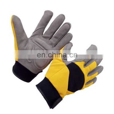 Yellow Close Fitting Synthetic Leather Palm Padded Mechanic Gloves for Workshop Tools