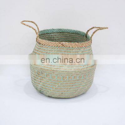 Tribal Mint & Natural Seagrass Belly Basket Plant Holder Storage Basket Decor Home Wholesale