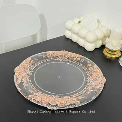 Luxury 13 Inch Round Rose Gold Bronzing Flower Plastic Charger Plate For Wedding Party