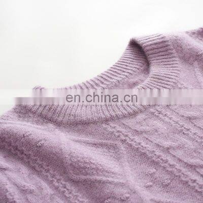 Women's 100% Pure Cashmere O-Neck Pullover Solid Color Jacquard Thickened Crew Neck Sweater for Winter Casual Style Front Logo