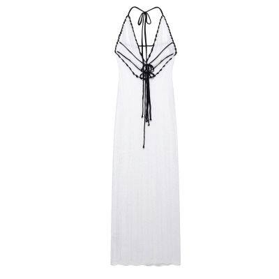 Ins European and American V-neck hanging neck backless knitted beach dress with hollow out sexy slim fit strap beach dress, long skirt for women
