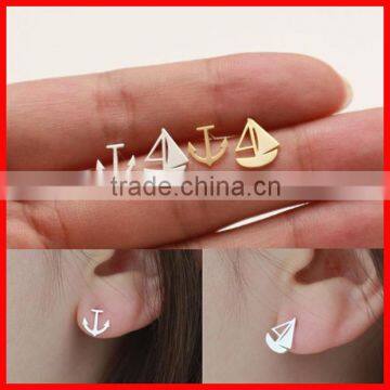 2015 high quality 925 sterling silver plain light weight silver anchor sail stud earring