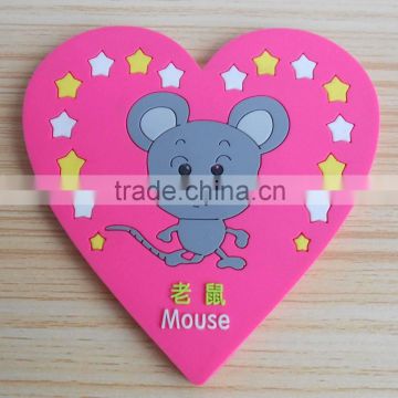 heart shape rubber pvc tea cup coaster with cute mouse, pvc drinking coaster